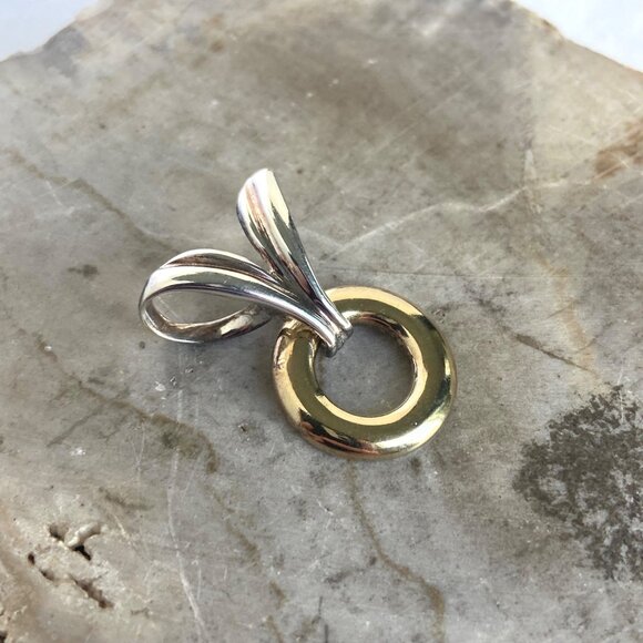 Sterling Silver 925 Vermeil Two Tone Round Slide Pendant Necklace Herringbone - Picture 7 of 16